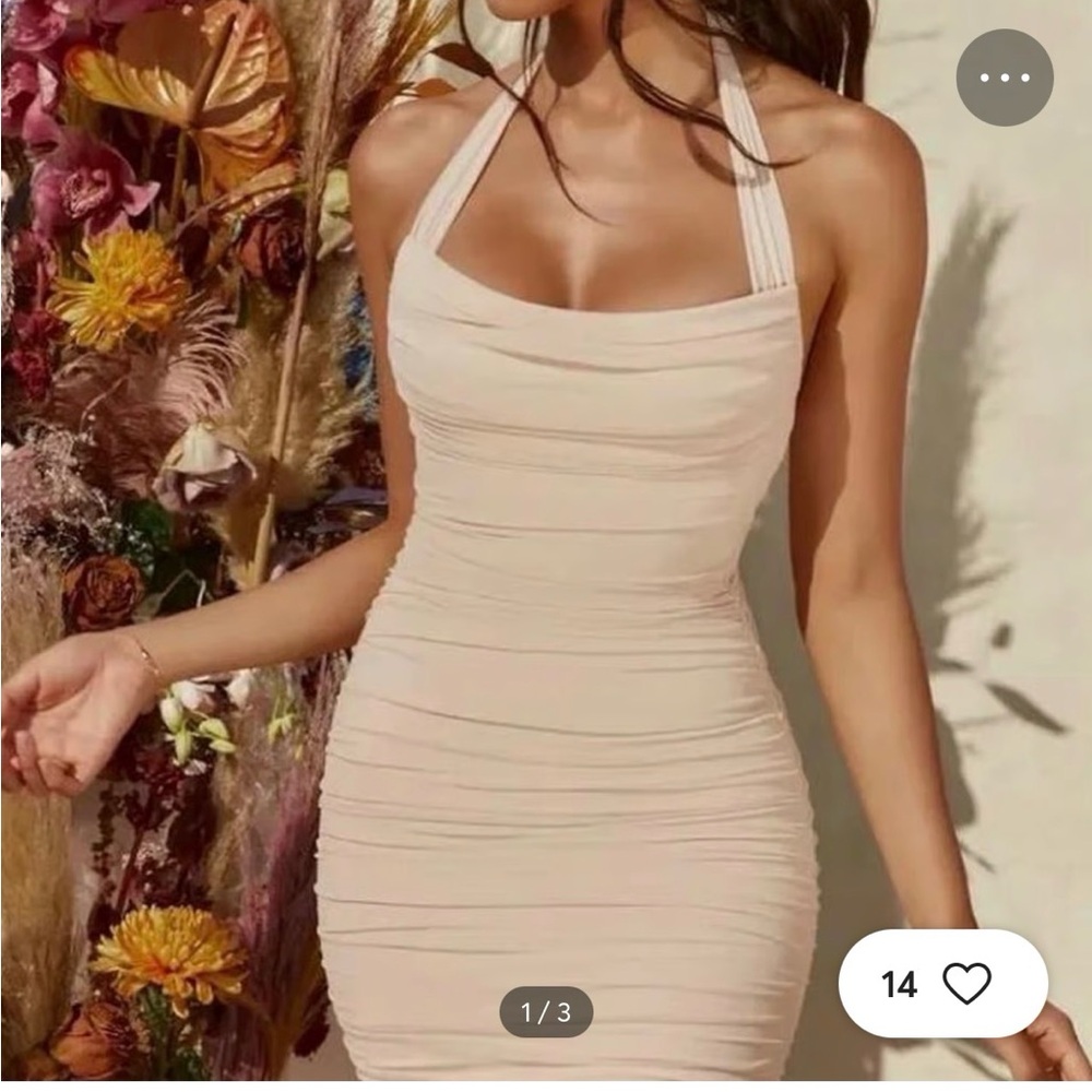 Halter Ruched Bodycon Dress in Cream